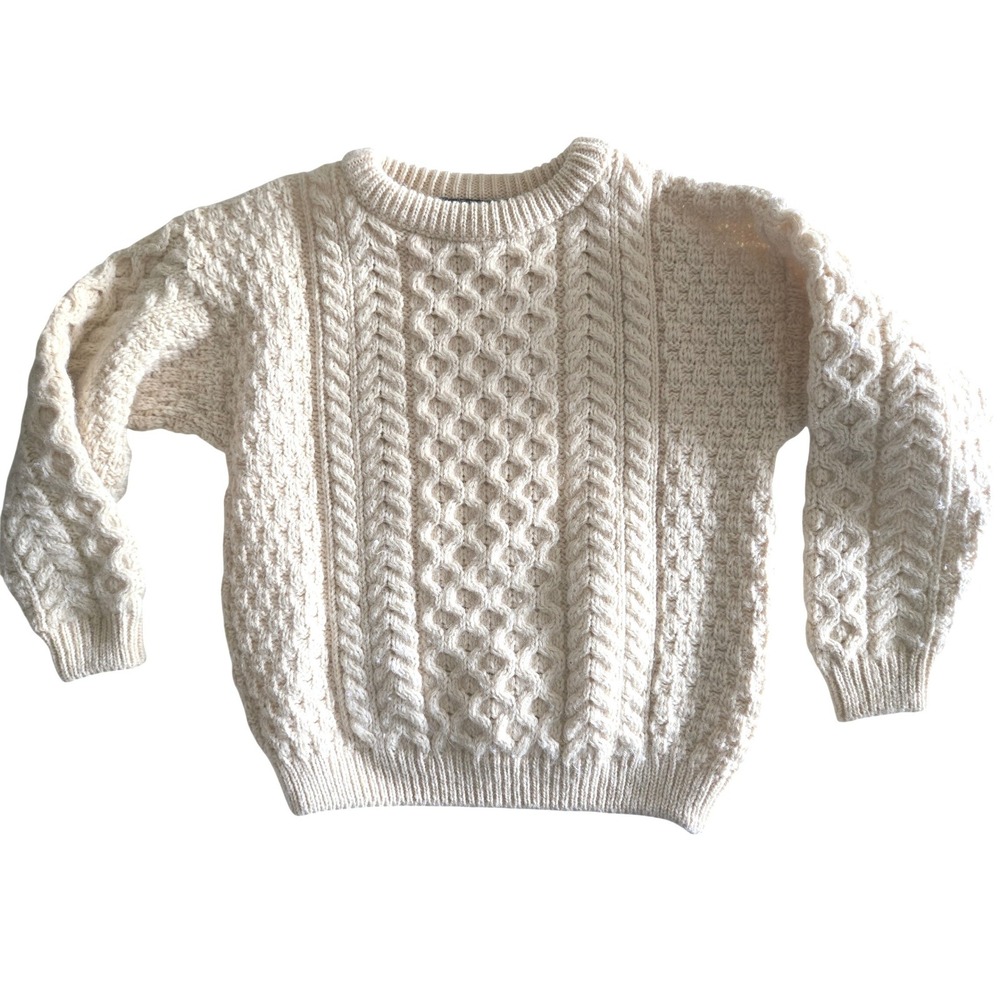 Blarney Woollen Mills Kids Large Sweater Cream Aran Cable Knit Pure Wool Ireland